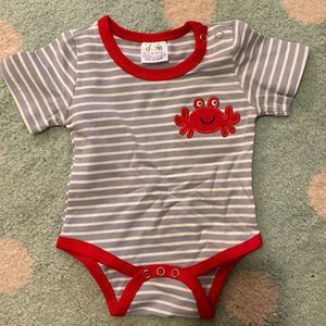 Grey and white striped bodysuit with crab detail. NWOT. 0-3 months